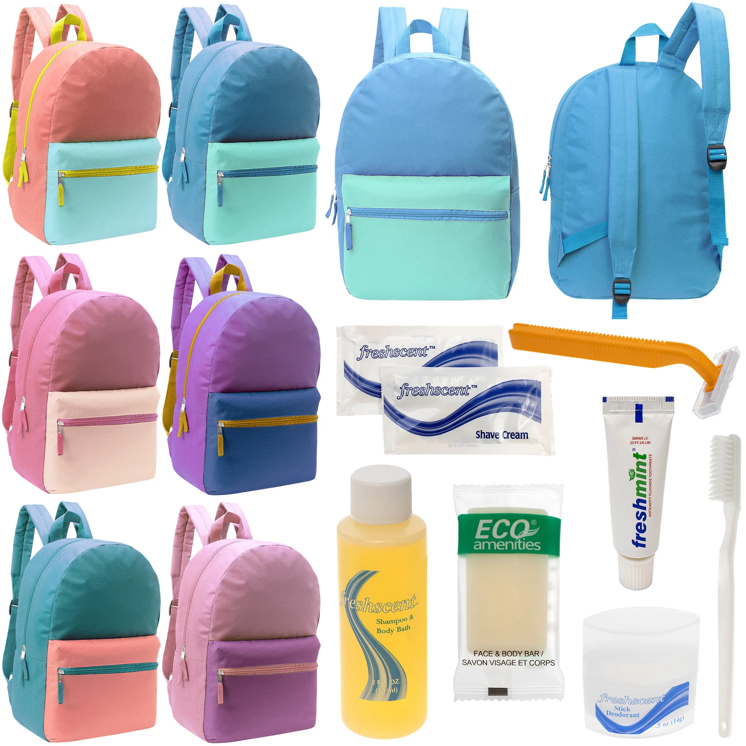 12 17" Two Tone Backpacks in 6 Color Combinations & Your Choice of 12 Bulk Hygiene Kits - Wholesale Care Package: Homeless, Emergency, Charity