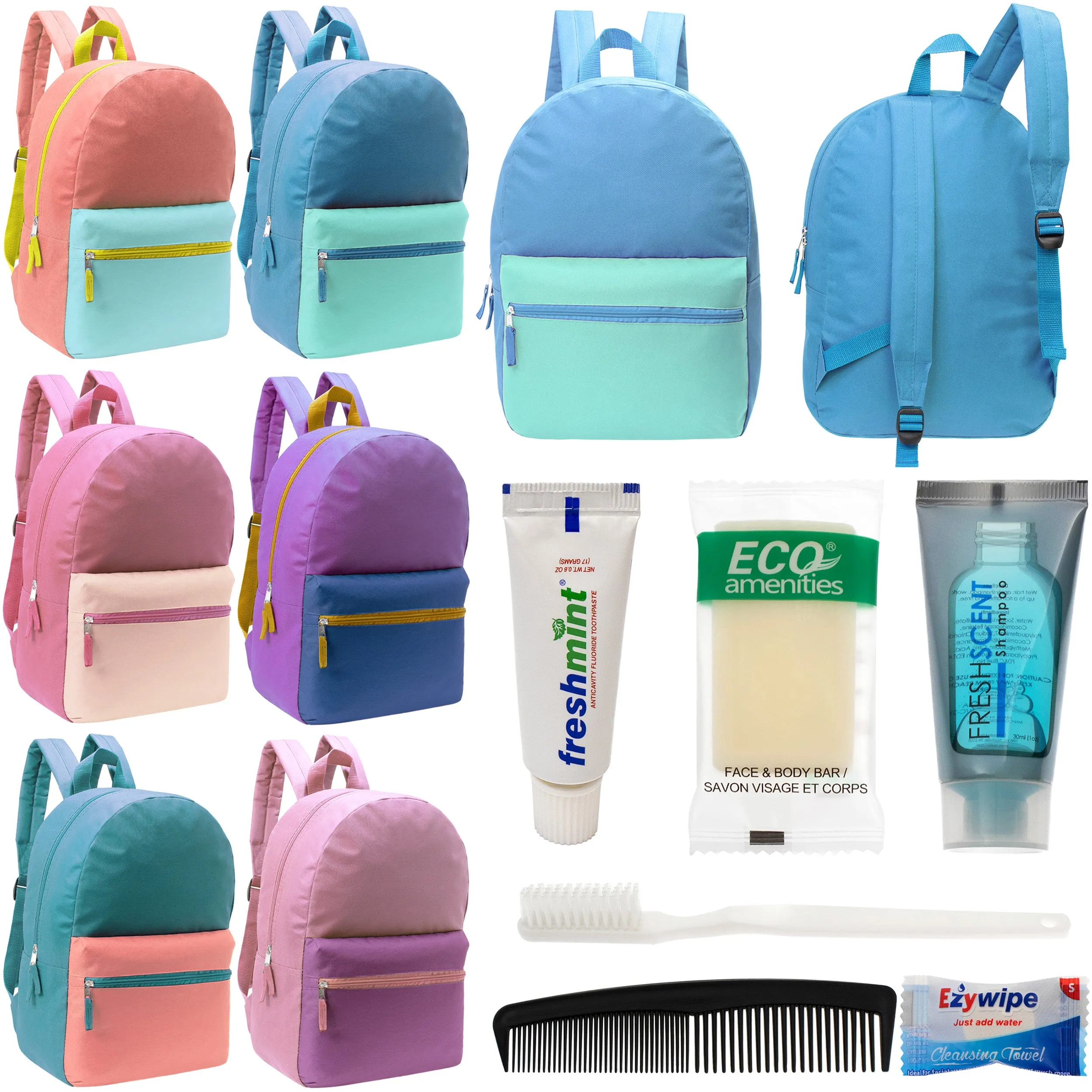 12 17" Two Tone Backpacks in 6 Color Combinations & Your Choice of 12 Bulk Hygiene Kits - Wholesale Care Package: Homeless, Emergency, Charity