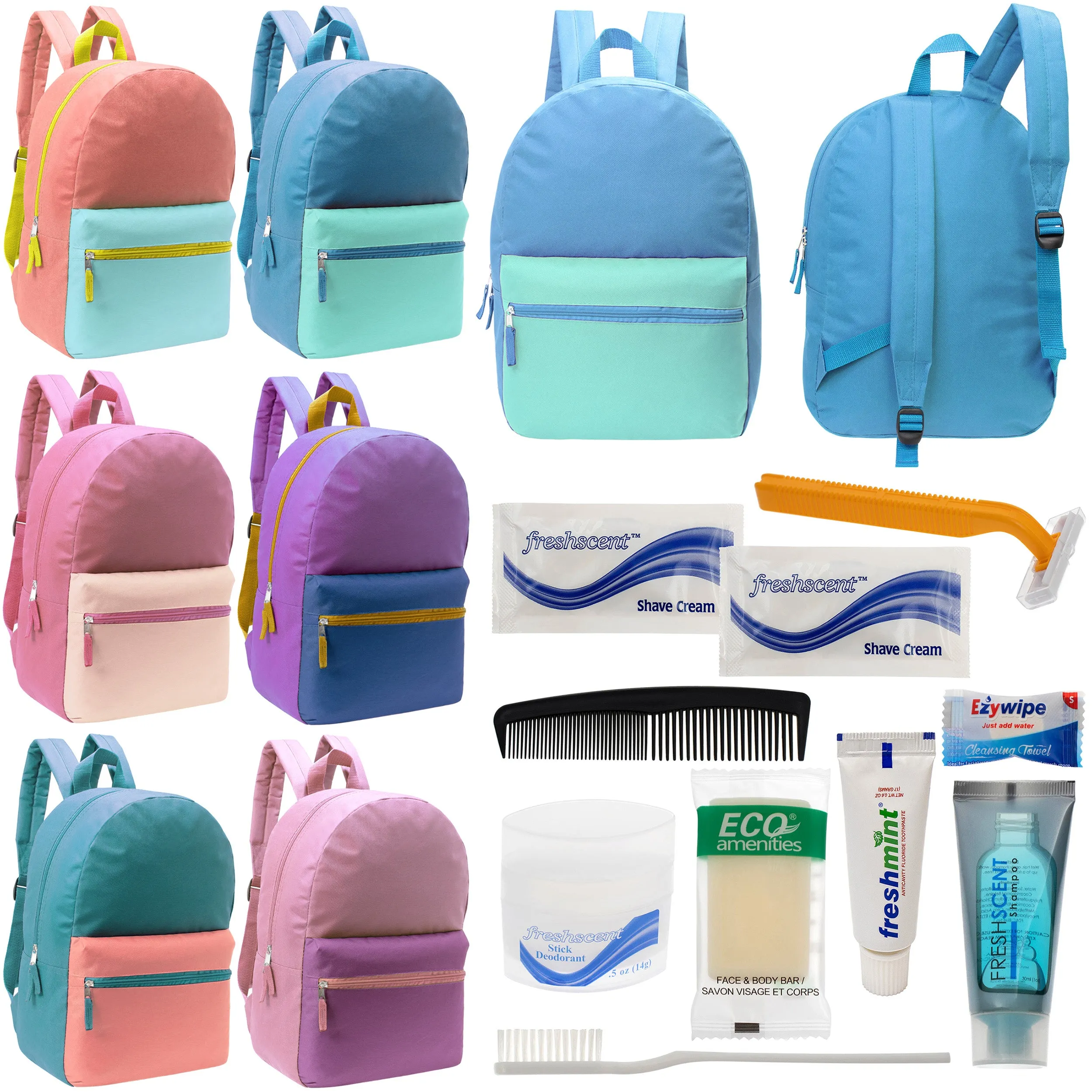 12 17" Two Tone Backpacks in 6 Color Combinations & Your Choice of 12 Bulk Hygiene Kits - Wholesale Care Package: Homeless, Emergency, Charity