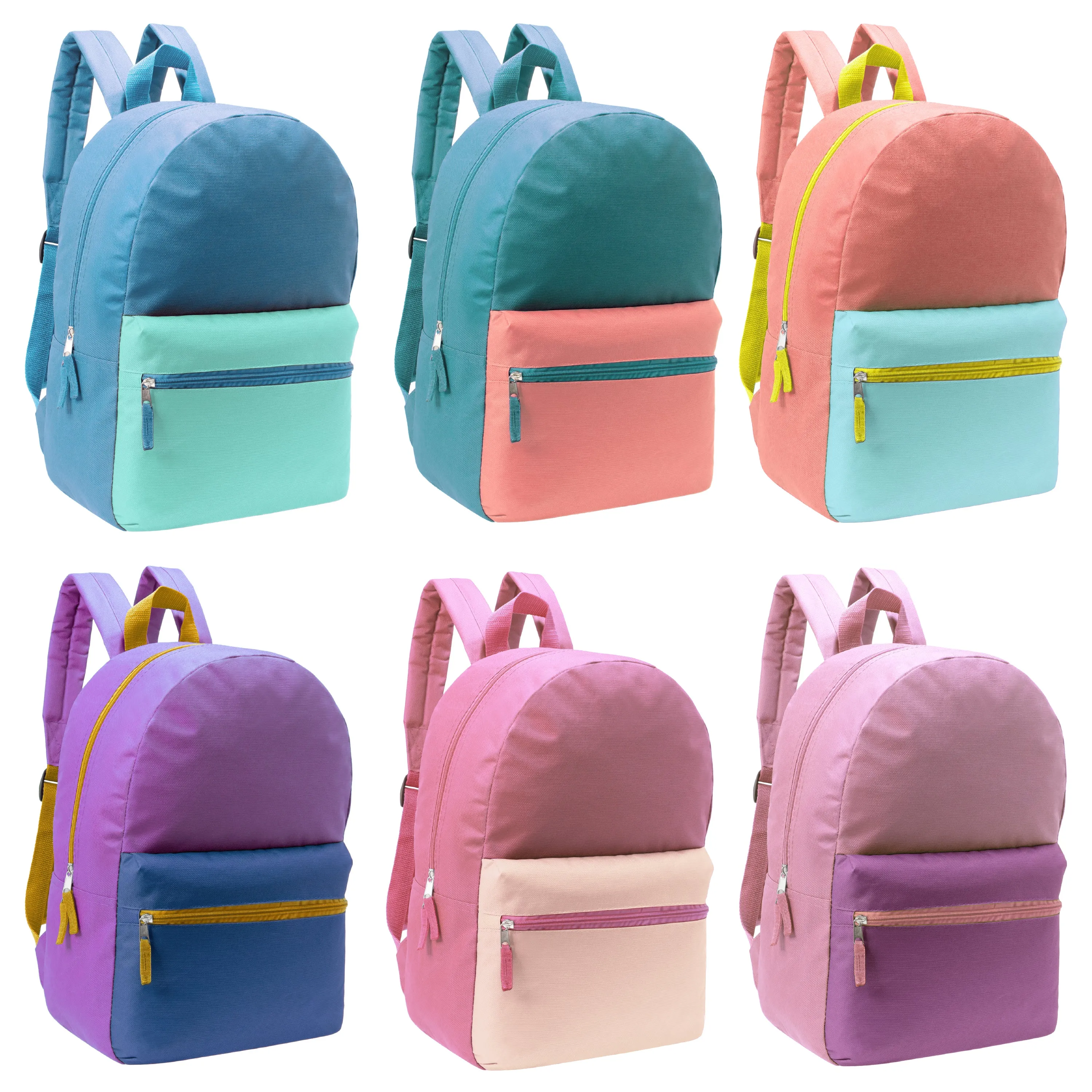 12 17" Two Tone Backpacks in 6 Color Combinations & Your Choice of 12 Bulk Hygiene Kits - Wholesale Care Package: Homeless, Emergency, Charity