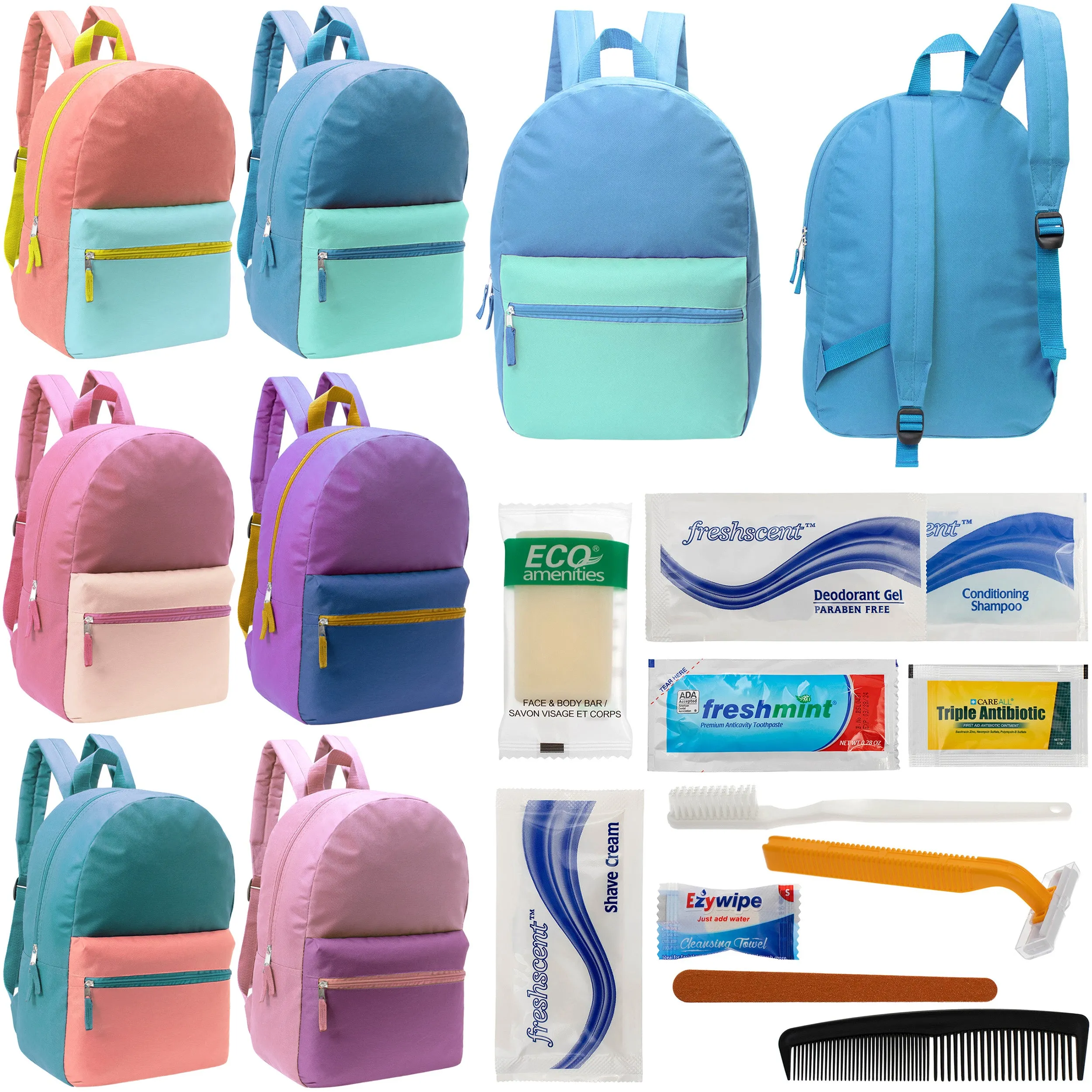 12 17" Two Tone Backpacks in 6 Color Combinations & Your Choice of 12 Bulk Hygiene Kits - Wholesale Care Package: Homeless, Emergency, Charity