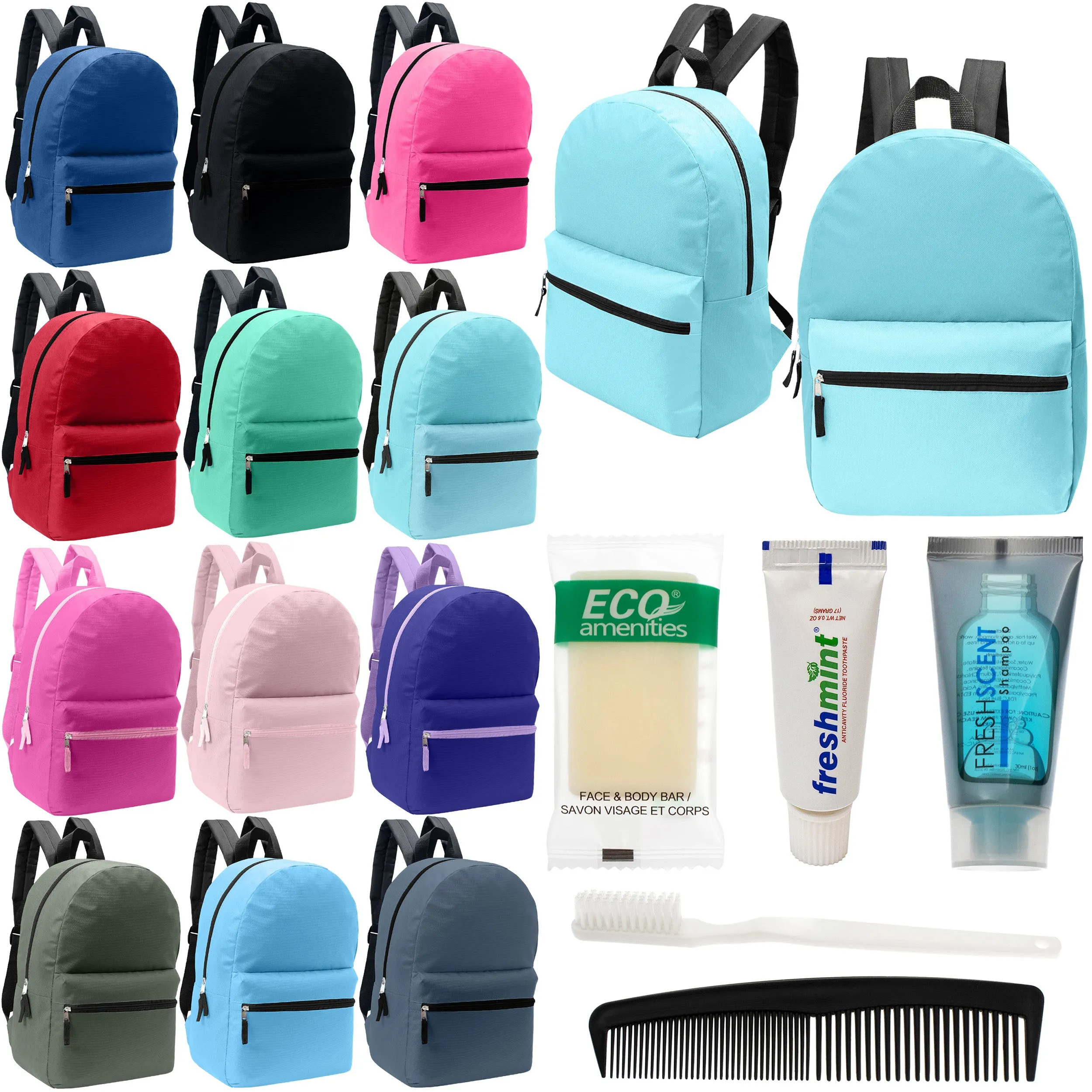 12 Basic 17" Backpacks in 12 Assorted Colors & Your Choice of 12 Bulk Hygiene Kits - Wholesale Care Package: Homeless, Emergency, Charity