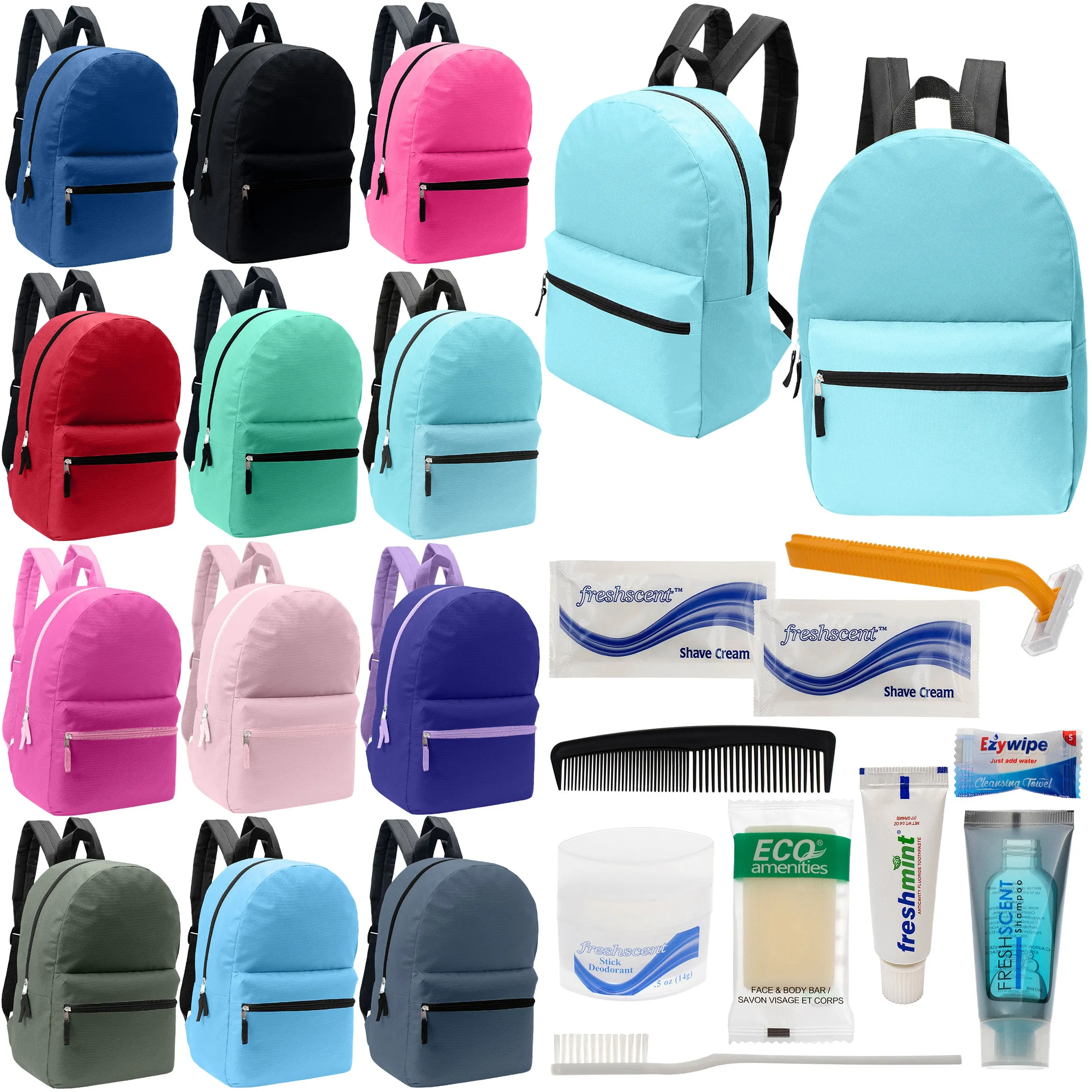 12 Basic 17" Backpacks in 12 Assorted Colors & Your Choice of 12 Bulk Hygiene Kits - Wholesale Care Package: Homeless, Emergency, Charity