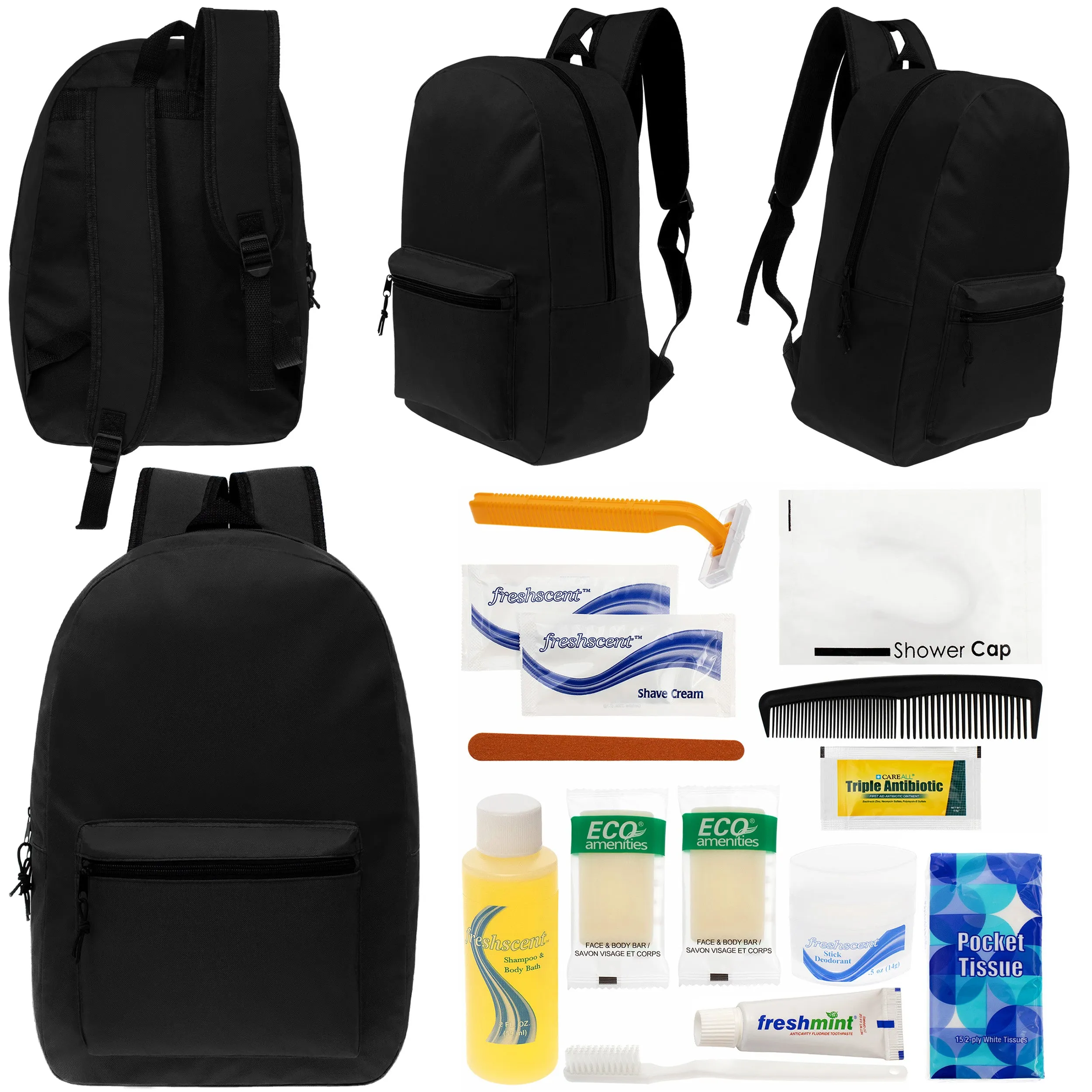 12 Black 17" Classic Backpacks & Your Choice of 12 Bulk Hygiene Kits - Wholesale Care Package: Homeless, Emergency, Charity