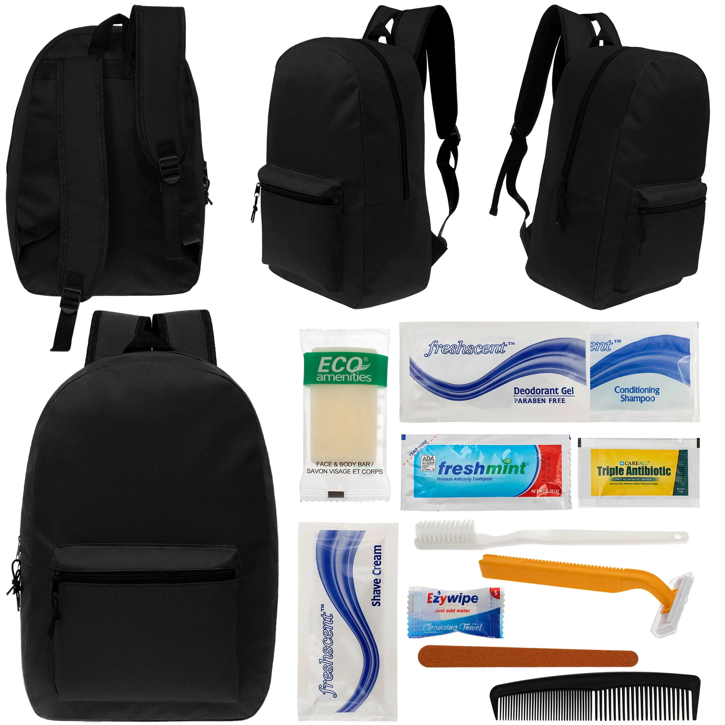 12 Black 17" Classic Backpacks & Your Choice of 12 Bulk Hygiene Kits - Wholesale Care Package: Homeless, Emergency, Charity