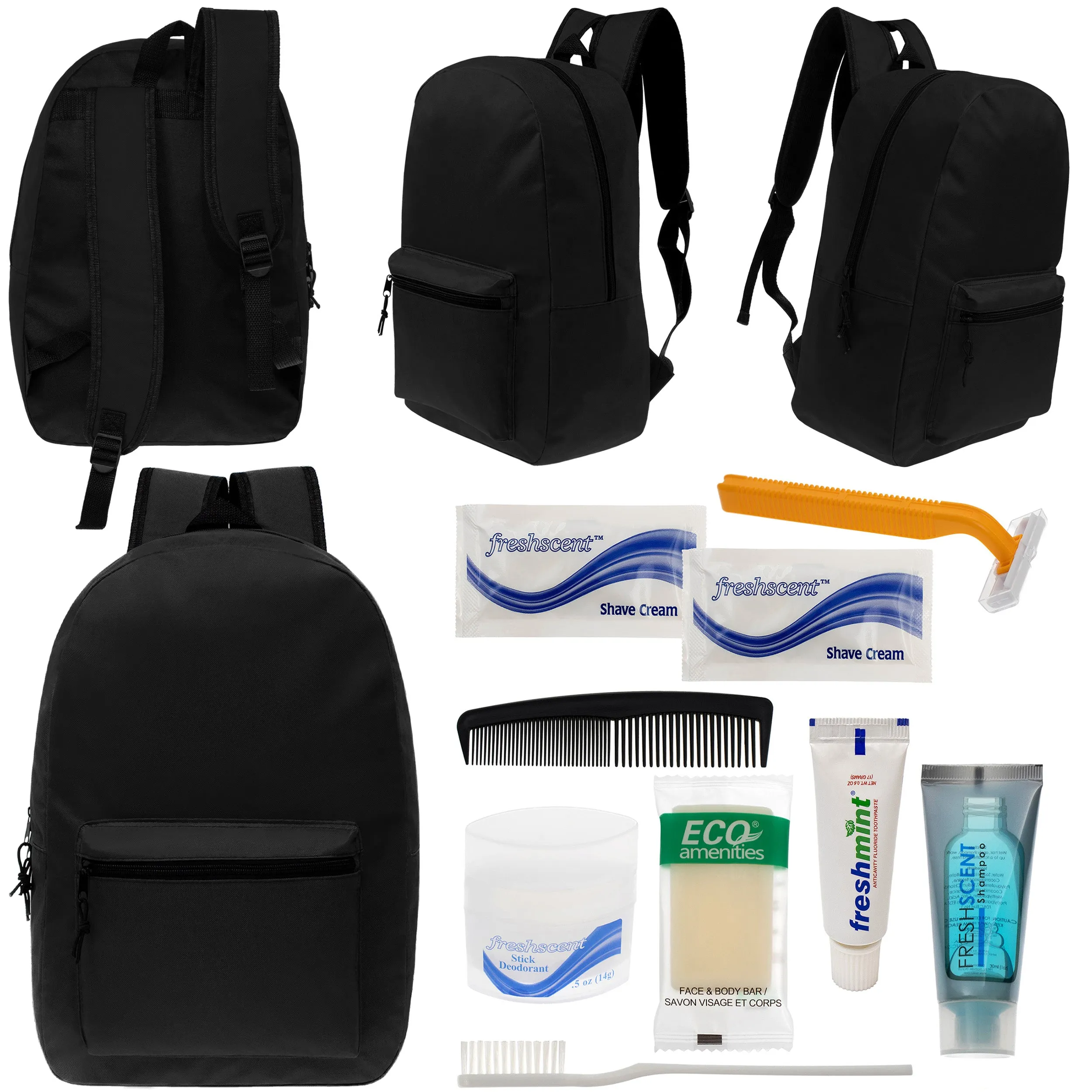 12 Black 17" Classic Backpacks & Your Choice of 12 Bulk Hygiene Kits - Wholesale Care Package: Homeless, Emergency, Charity