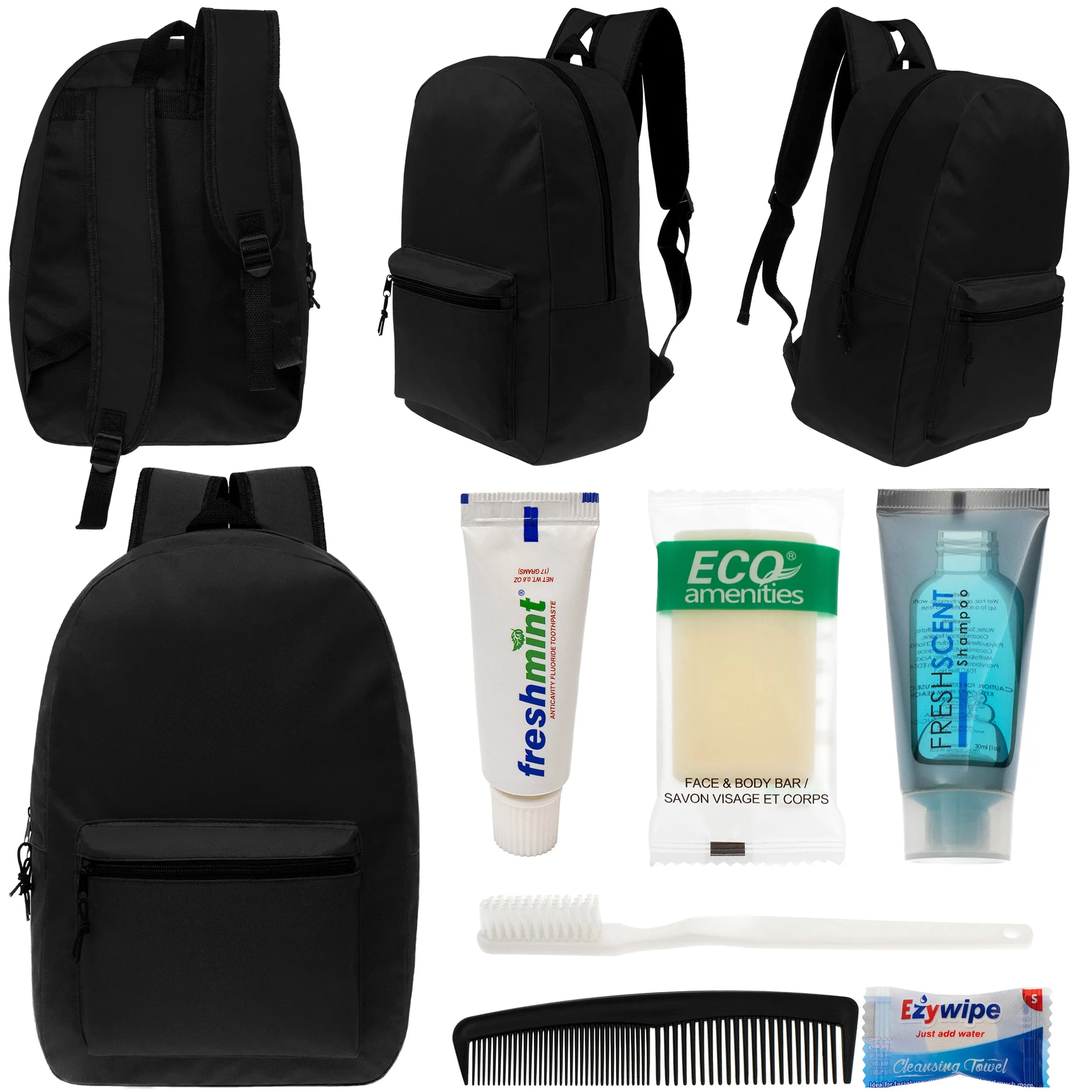 12 Black 17" Classic Backpacks & Your Choice of 12 Bulk Hygiene Kits - Wholesale Care Package: Homeless, Emergency, Charity