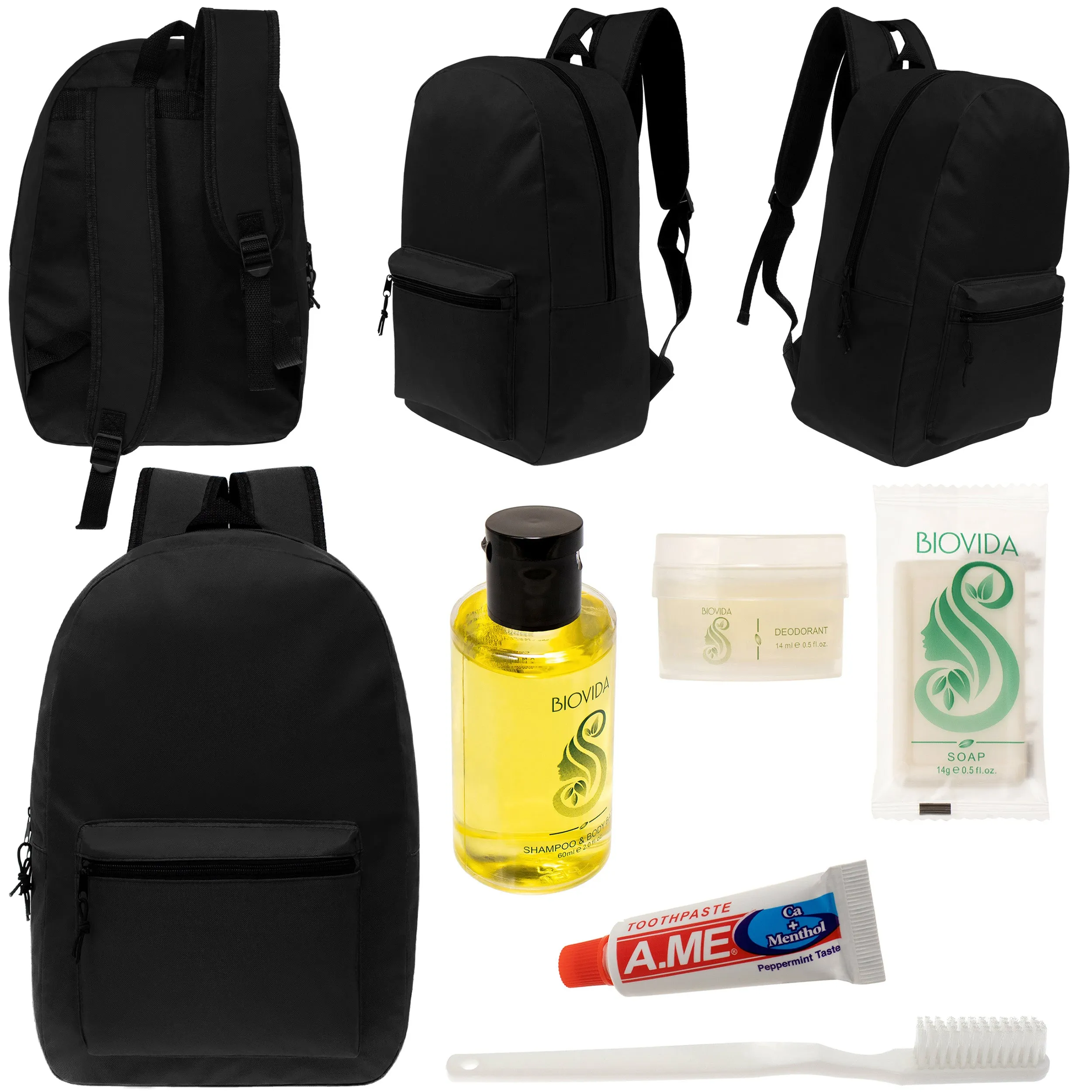 12 Black 17" Classic Backpacks & Your Choice of 12 Bulk Hygiene Kits - Wholesale Care Package: Homeless, Emergency, Charity