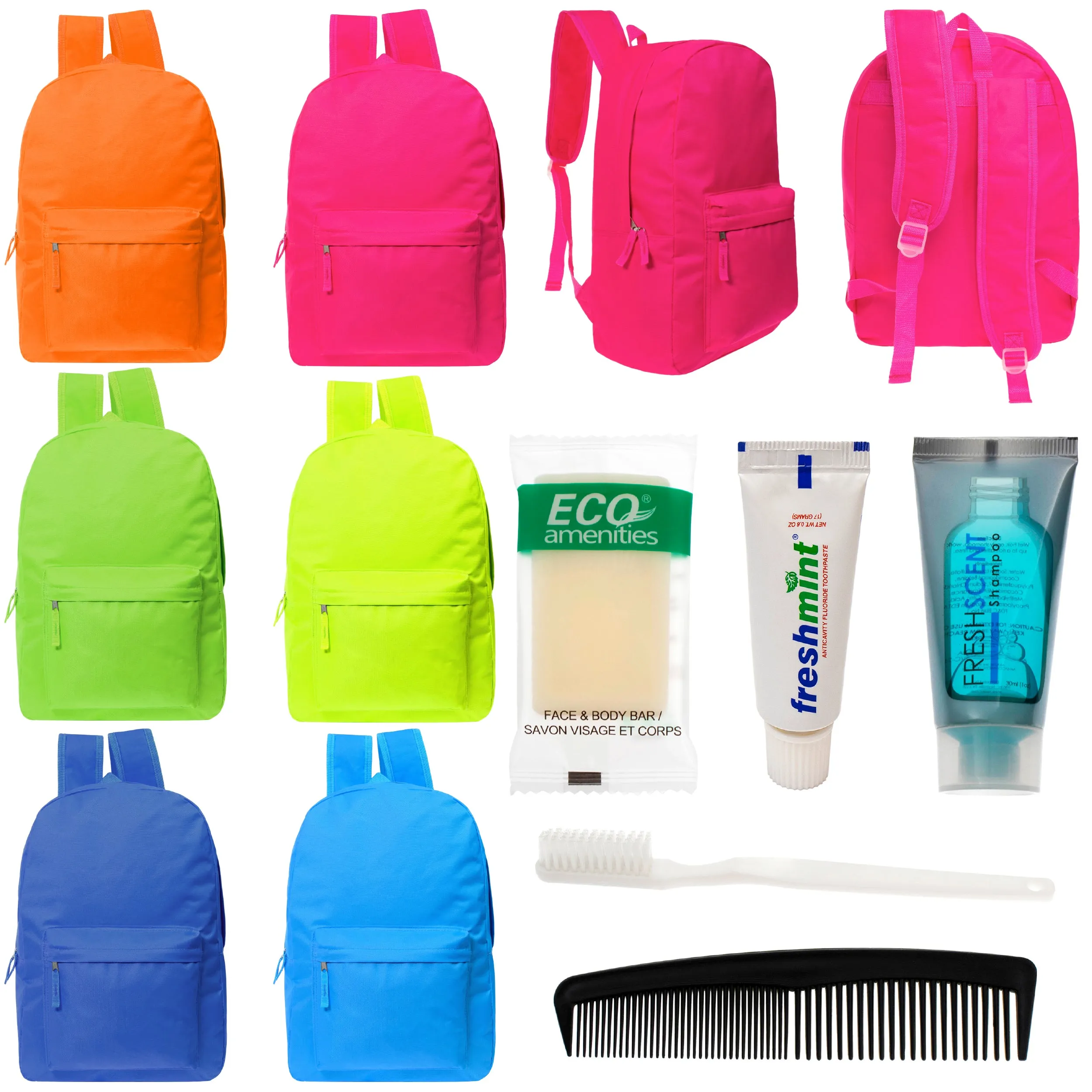 12 Bright Color 17" Backpacks in 6 Colors & Your Choice of 12 Bulk Hygiene Kits - Wholesale Care Package: Homeless, Emergency, Charity