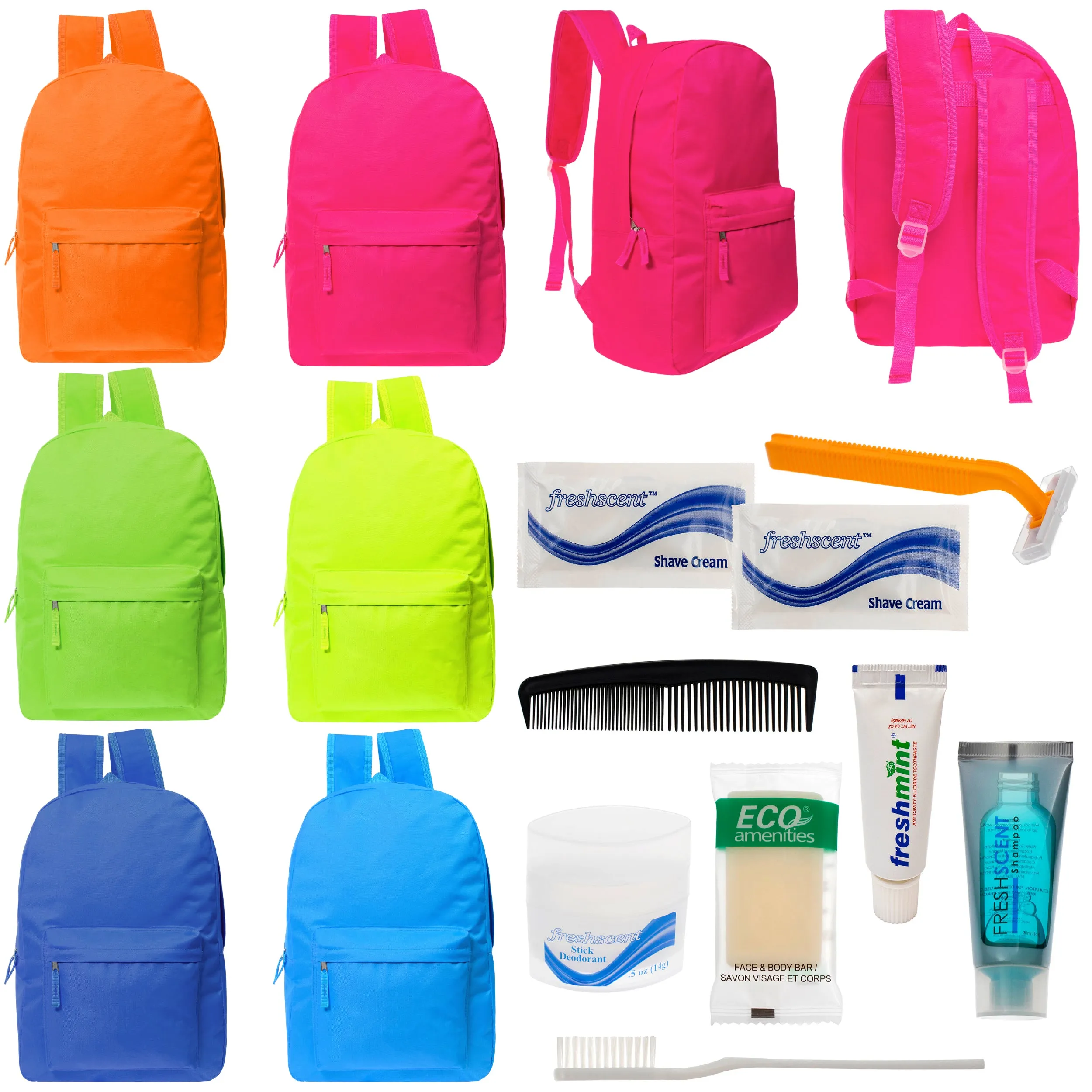 12 Bright Color 17" Backpacks in 6 Colors & Your Choice of 12 Bulk Hygiene Kits - Wholesale Care Package: Homeless, Emergency, Charity