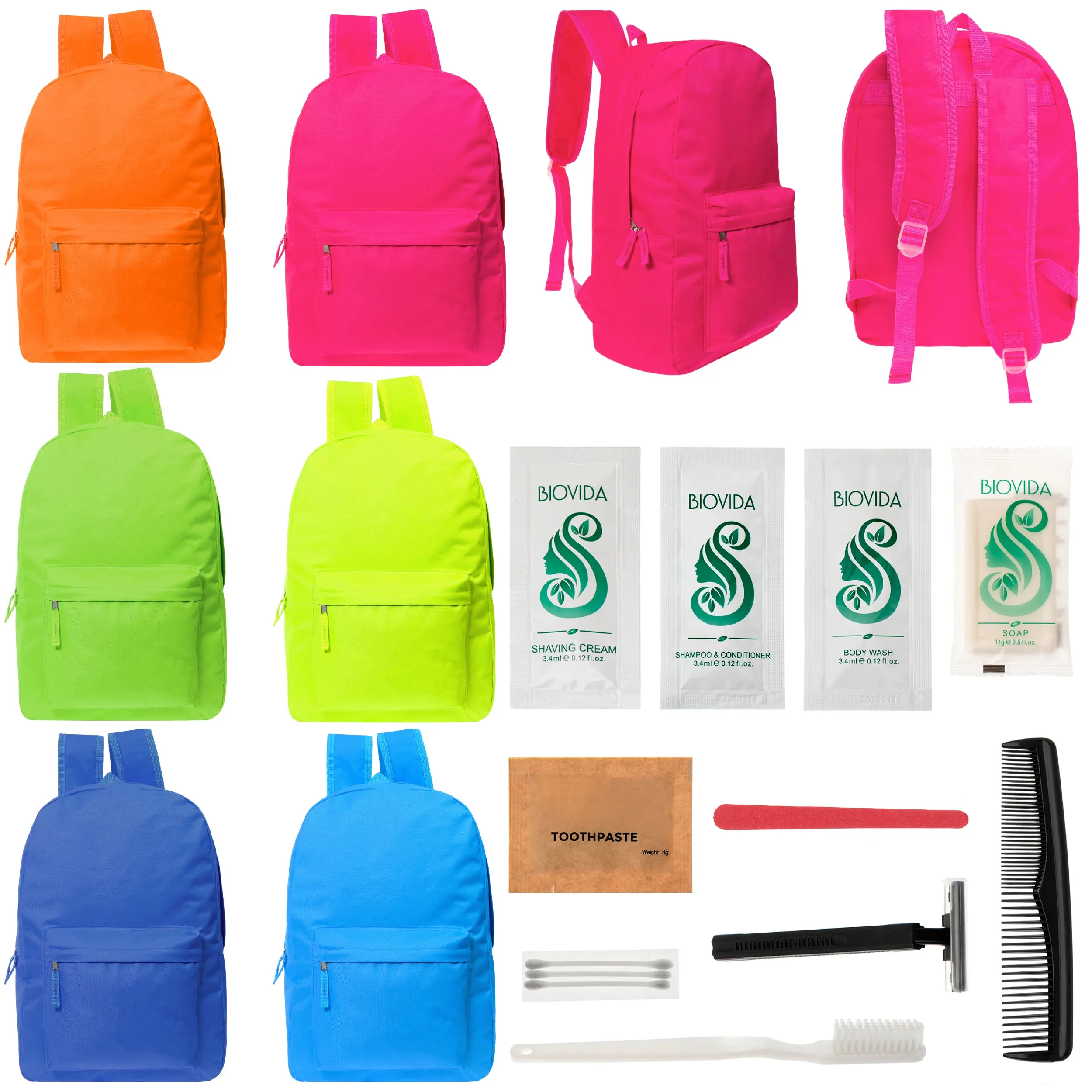 12 Bright Color 17" Backpacks in 6 Colors & Your Choice of 12 Bulk Hygiene Kits - Wholesale Care Package: Homeless, Emergency, Charity