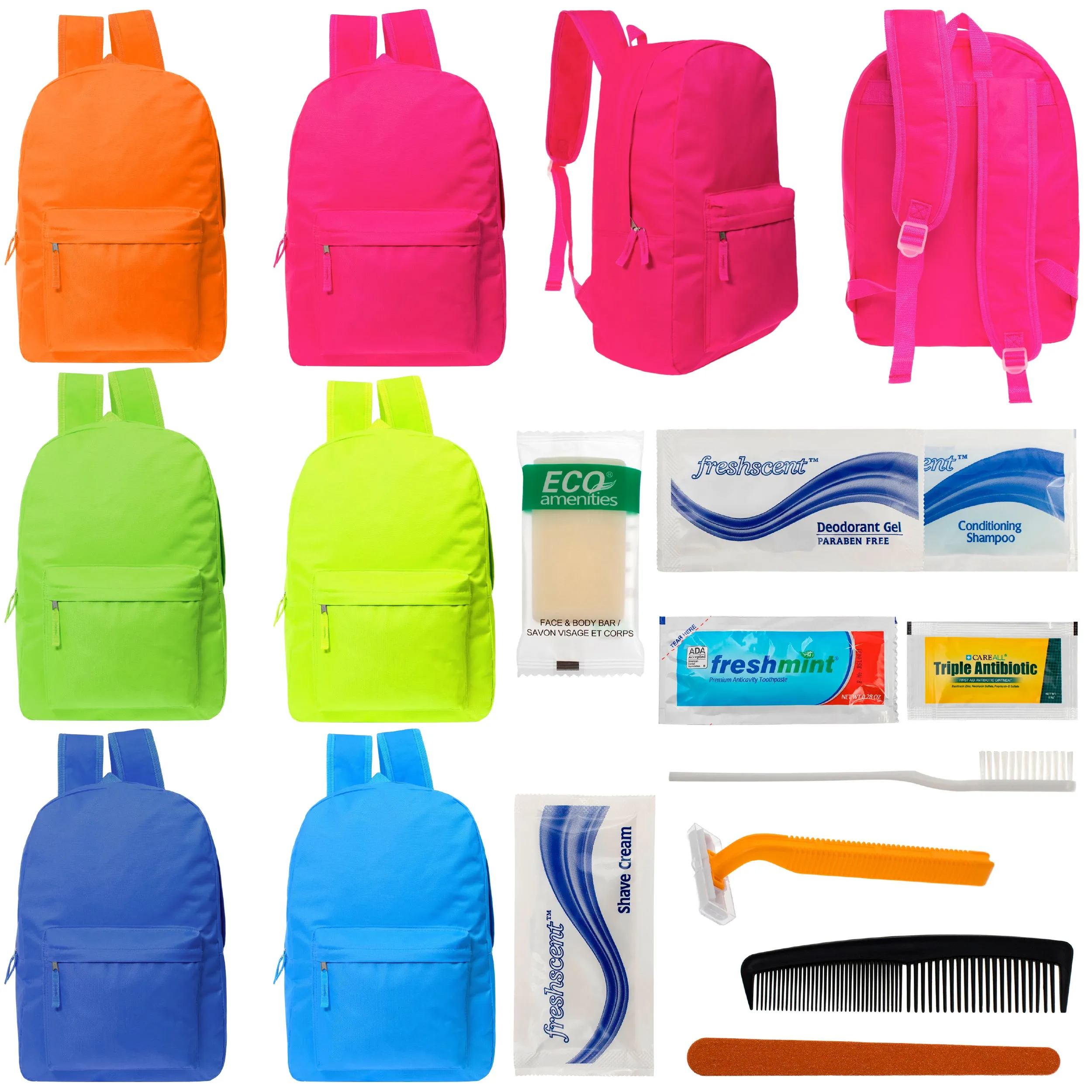 12 Bright Color 17" Backpacks in 6 Colors & Your Choice of 12 Bulk Hygiene Kits - Wholesale Care Package: Homeless, Emergency, Charity