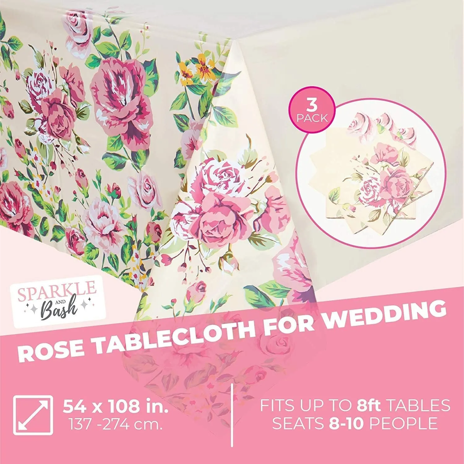 3 Pack Floral Pink Rose Tablecloth, Plastic Table Cover for Wedding, Birthday Party Decorations (54 x 108 in)