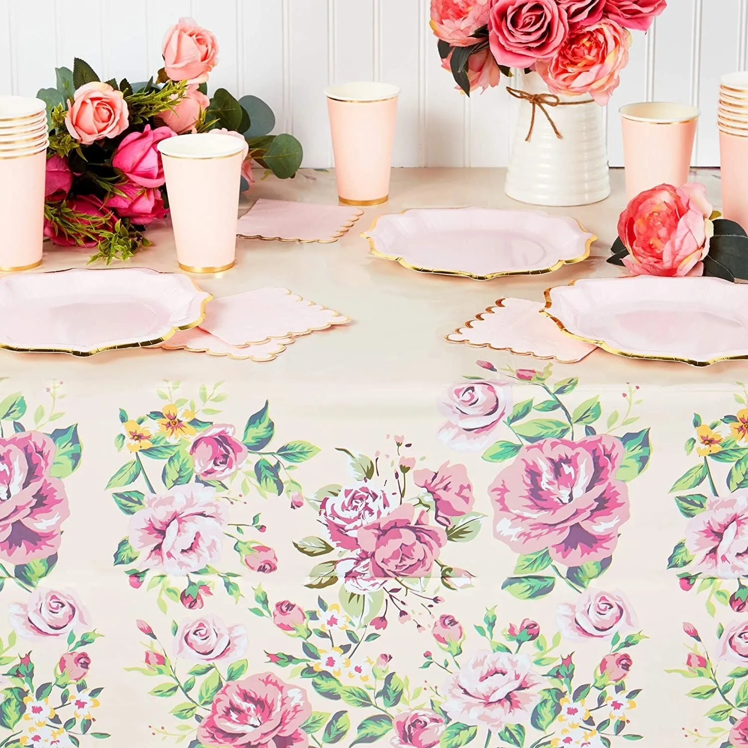 3 Pack Floral Pink Rose Tablecloth, Plastic Table Cover for Wedding, Birthday Party Decorations (54 x 108 in)