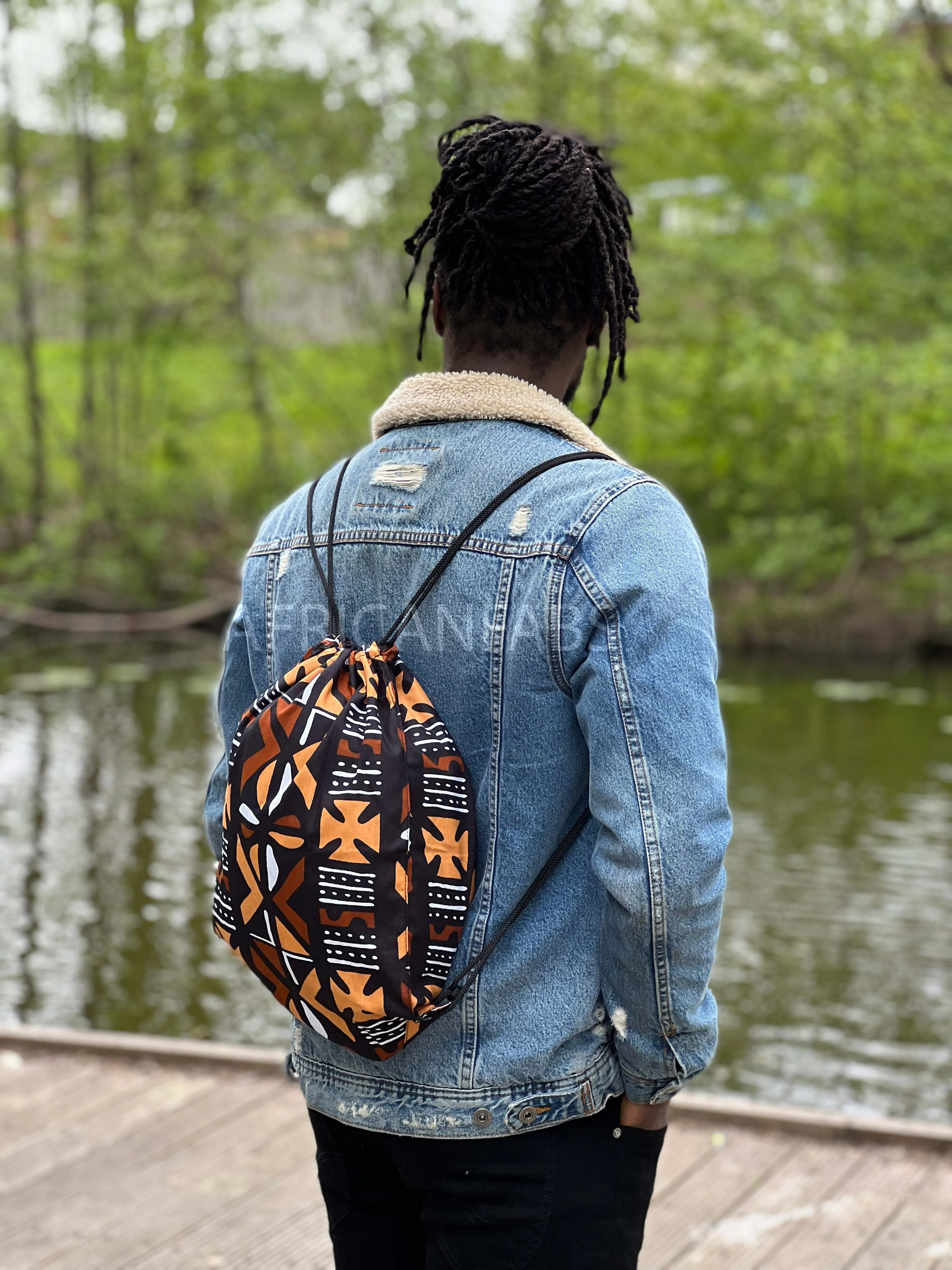 African Print Drawstring Bag / Gym Sack / School bag / Ankara Backpack / Festival Bag - Black / brown bogolan