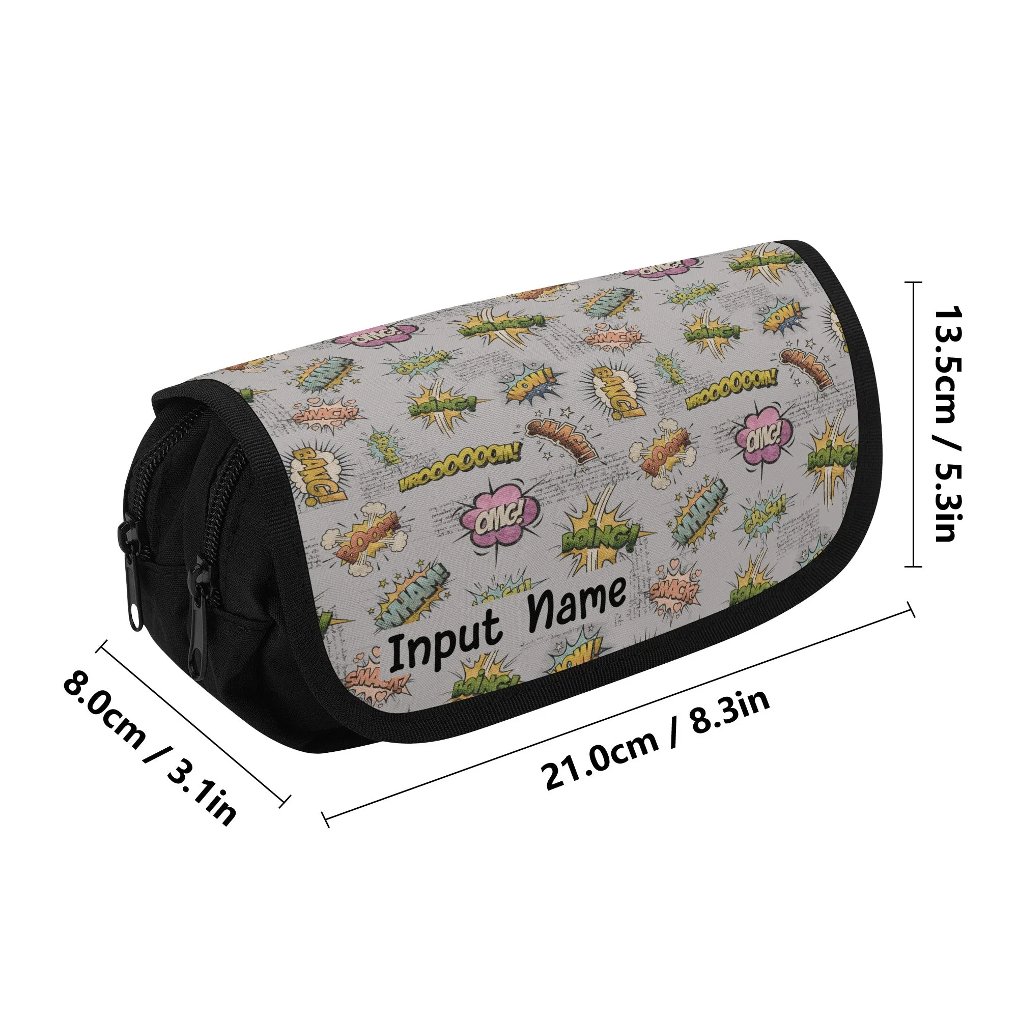 Back to School Personalized Double Layer Pencil case for Kids. Cool Onomatopoeia pattern