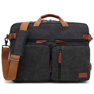 CoolBELL Canvas Convertible 15.6 Inch Laptop Briefcase Backpack with Genuine Leather Logo, Pullers and Handle (Black)