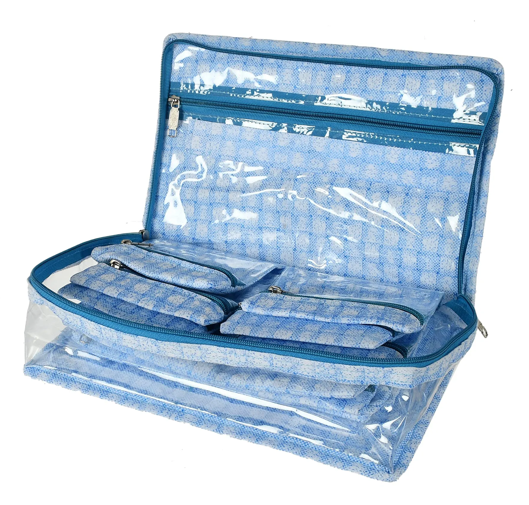 Heart Home Check Design Laminated PVC Multipurpose Jewellery Storage Bag/Travel Kit With 13 Tranasparent Pouches- Pack of 2 (Blue)-HS_38_HEARTH21260