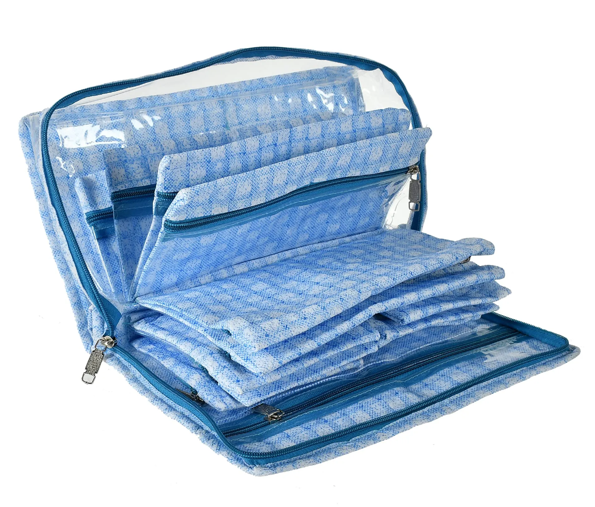 Heart Home Check Design Laminated PVC Multipurpose Jewellery Storage Bag/Travel Kit With 13 Tranasparent Pouches- Pack of 2 (Blue)-HS_38_HEARTH21260