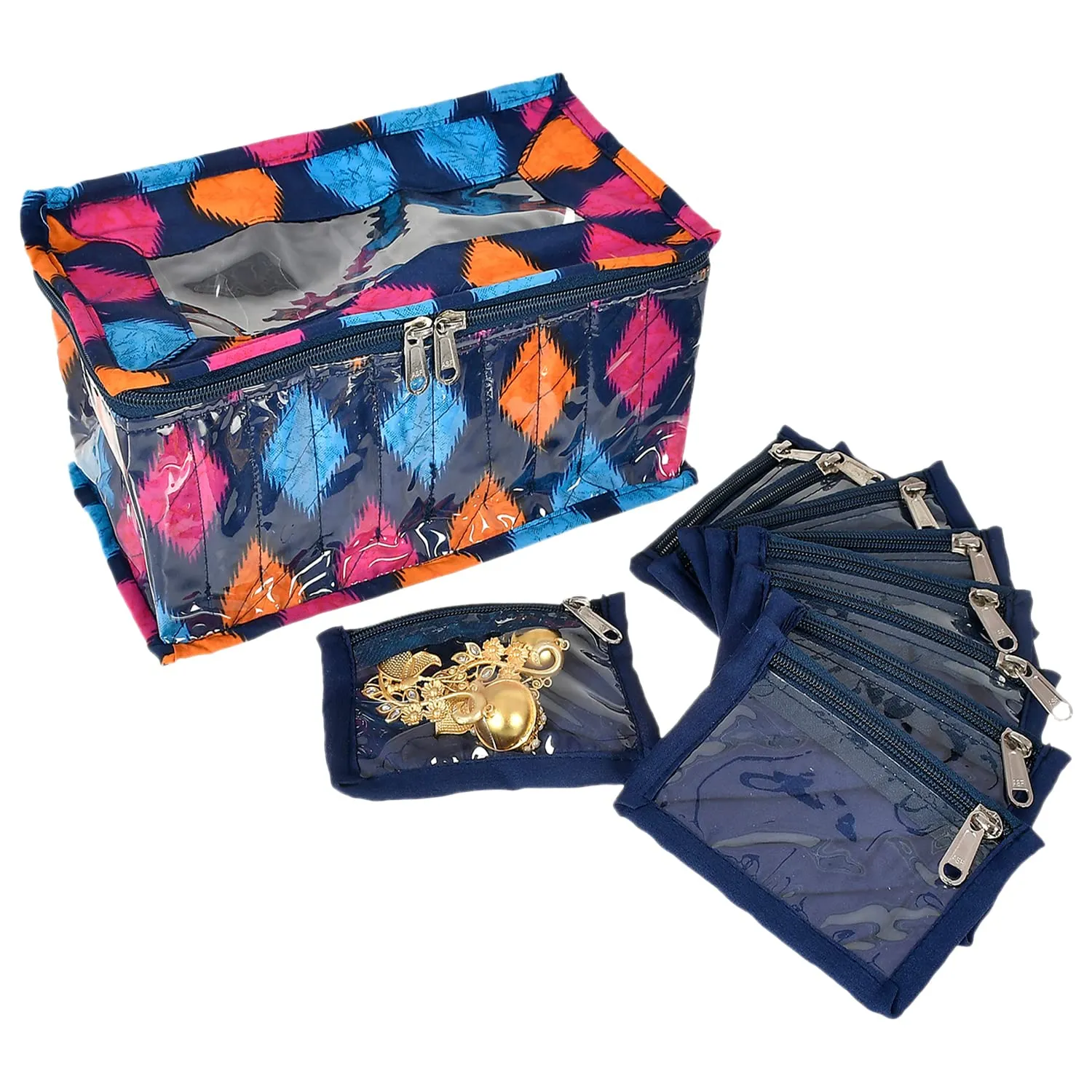 Heart Home Navajo Printed Laminated PVC Multipurpose Jewellery Organizer With 10 Transparent Pouches (Blue)-50HH01194