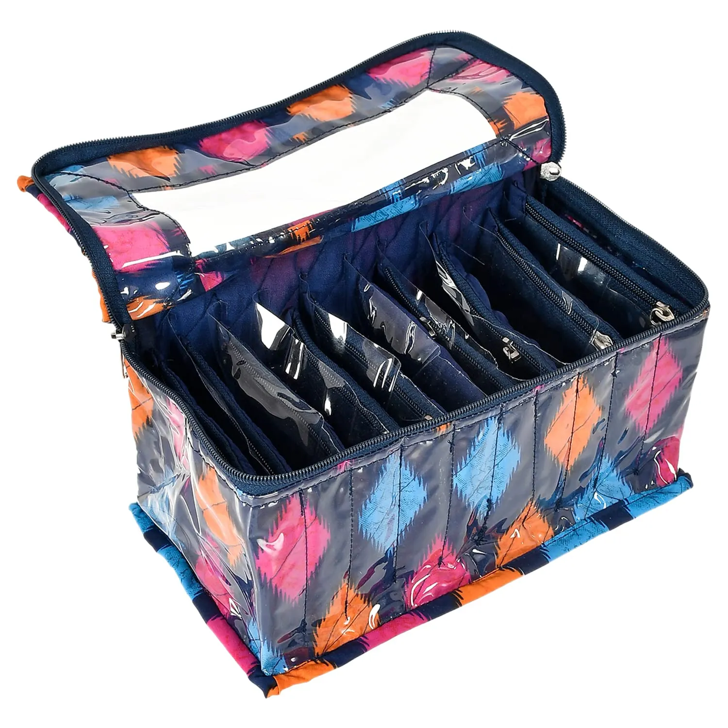 Heart Home Navajo Printed Laminated PVC Multipurpose Jewellery Organizer With 10 Transparent Pouches (Blue)-50HH01194