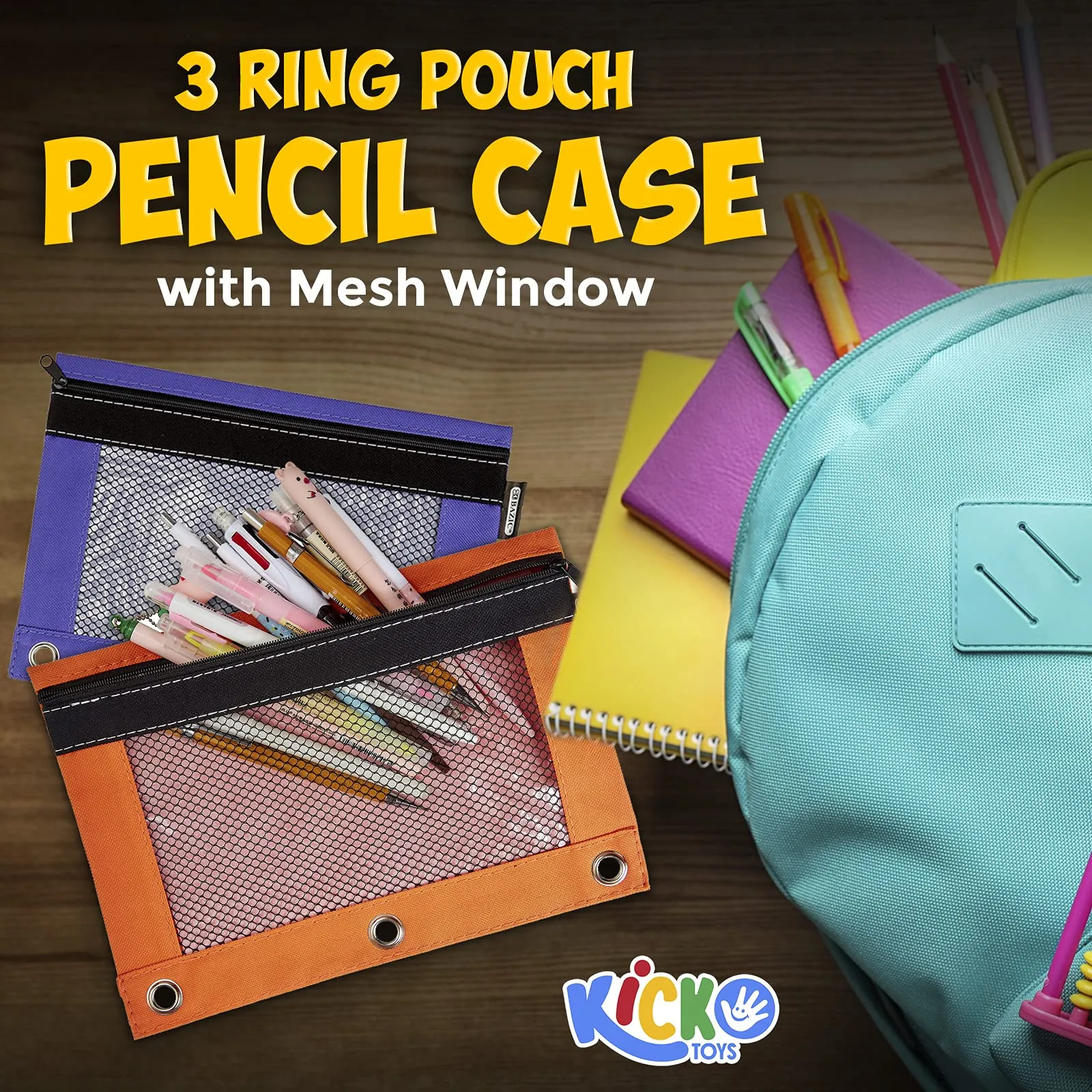 Kicko Pencil Case - 3 Ring Pouch with Mesh Window - Assorted Bright Colors Binder Pouch