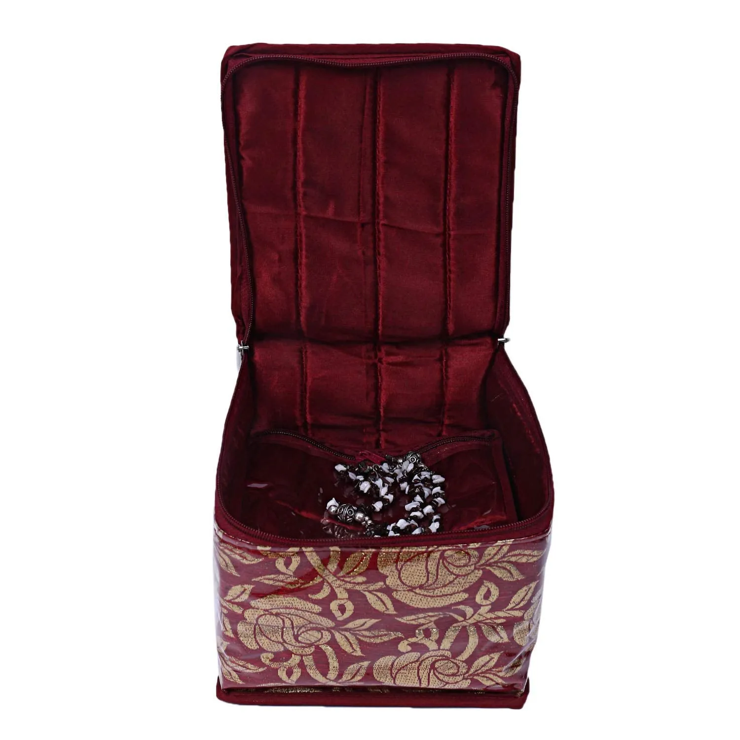 Kuber Industries Brocade Jewellery Box with 10 Pouch, Red, Maroon