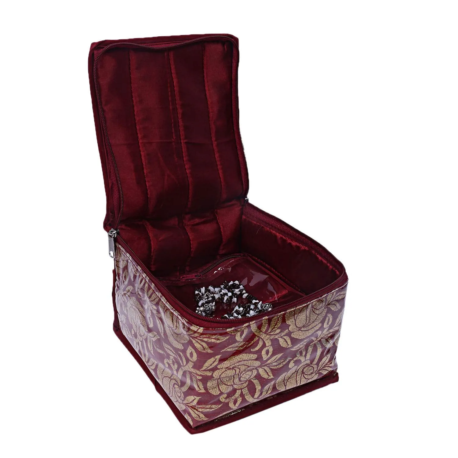 Kuber Industries Brocade Jewellery Box with 10 Pouch, Red, Maroon