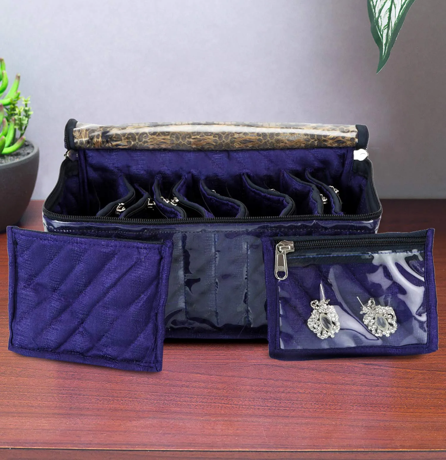 Kuber Industries Fabric Jewellery Box with 10 Transparent Pouches (Purple)-KUBMART2970