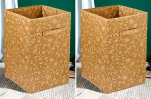 Kuber Industries Metallic Flower Printed Non-Woven Laundry Basket, Clothes Hamper For Laundry Closet, Bedroom, Bathroom With Handles- Pack of 2 (Brown)-HS43KUBMART25859