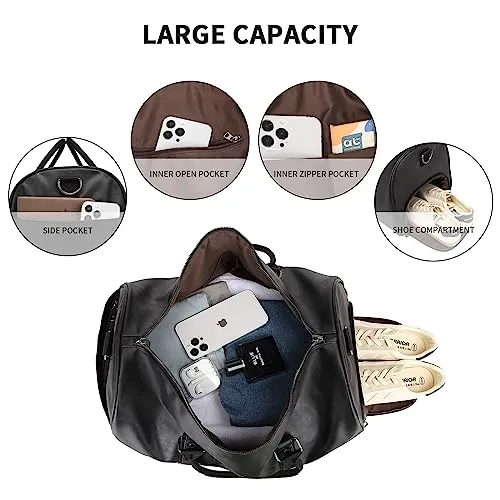 Rolling Duffel Bags with Wheels,Waterproof Duffle Bags with Removable Rollers Carry on Duffel Bag with Wheels Leather Duffle Bags with Shoes Compartment for Men and Women Black