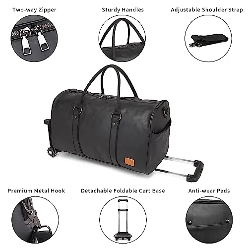 Rolling Duffel Bags with Wheels,Waterproof Duffle Bags with Removable Rollers Carry on Duffel Bag with Wheels Leather Duffle Bags with Shoes Compartment for Men and Women Black