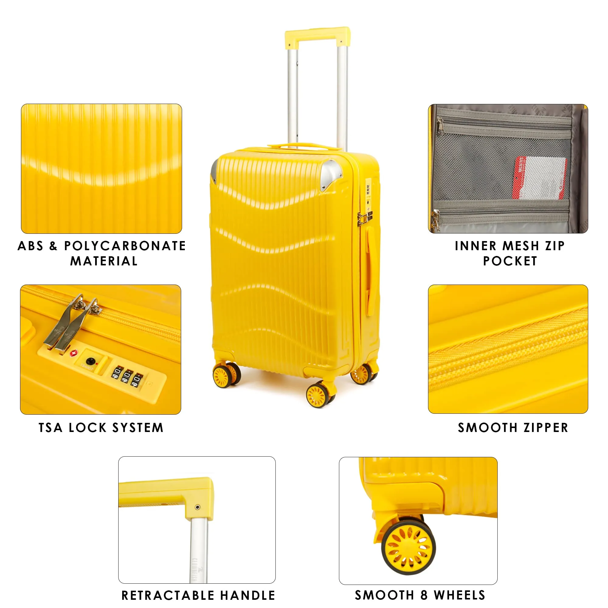 THE CLOWNFISH Combo of 2 Ballard Series Luggage ABS & Polycarbonate Exterior Suitcases Eight Wheel Trolley Bags with TSA Lock- Yellow (Medium 65 cm-26 inch, Small 55 cm-22 inch)