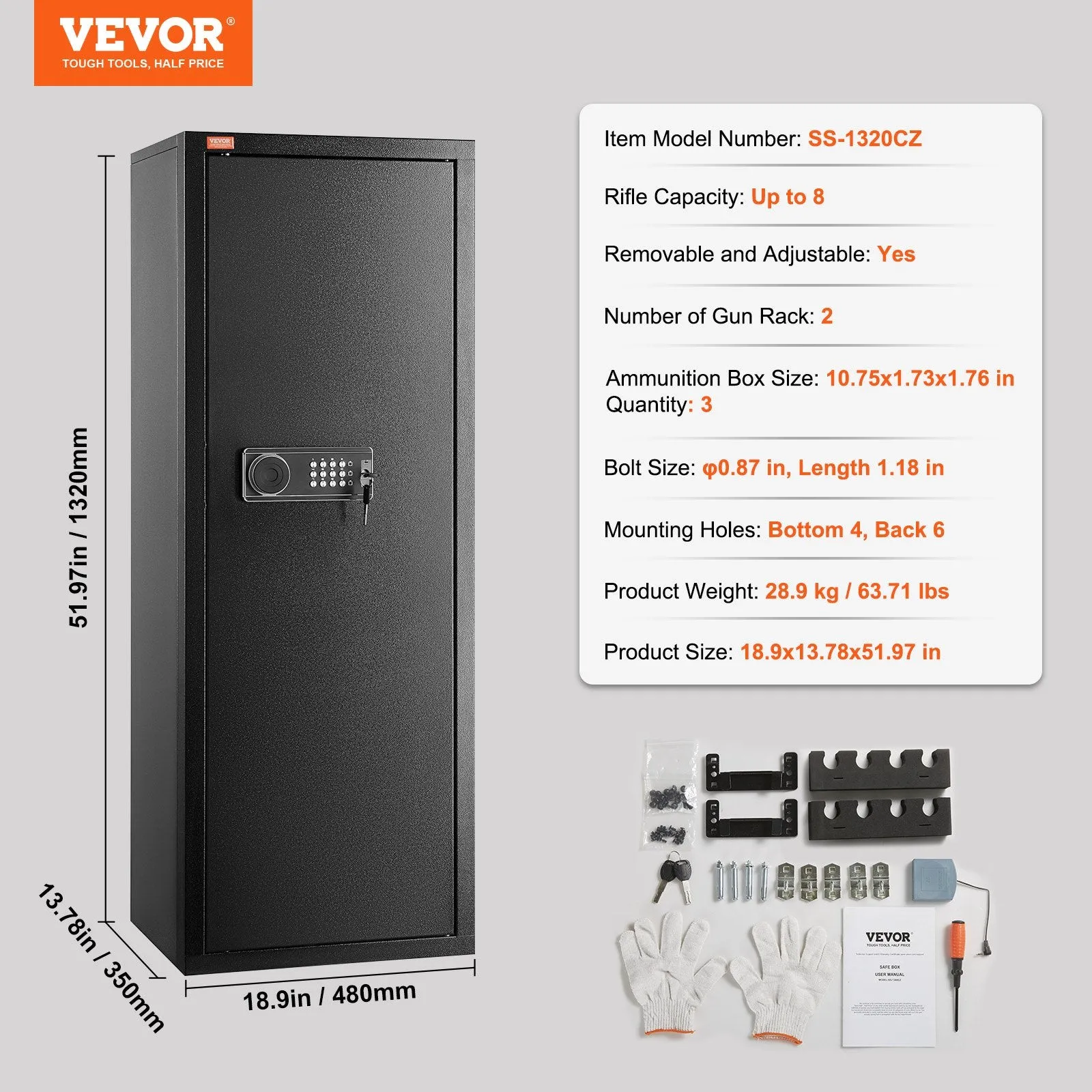 Vevor 6-8 Rifle Gun Safe with Digital Keypad Removable Shelf 3 Bullet Cases and Emergency Keys New