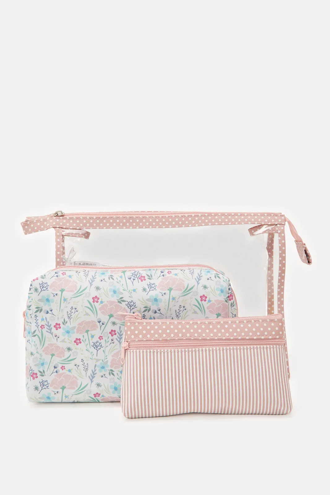 Women Pink Floral Cosmetic Pouch Set (Pack of 3)